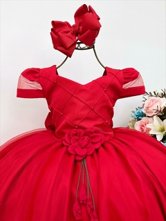 Vestido Infantil Longo Vermelho com Broche de Flor Cintura - comprar online