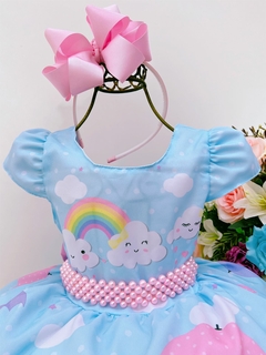 Vestido Infantil Azul Chuva de Amor Benção Nuvem Com Pérolas - comprar online