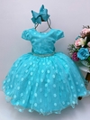 Vestido Infantil Festa Luxo Verde Tiffany Bolinhas Cinto Strass Pérolas