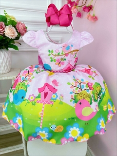 Vestido Infantil Cantinho dos Passarinhos Rosa Com Pérolas