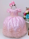 Vestido Infantil Longo Rosa Rendado Realeza Luxo Pérolas