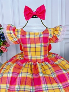 Vestido Infantil Pink Xadrez Colorido Com Laço Luxo - comprar online