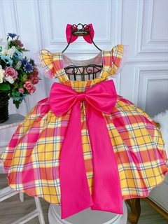 Vestido Infantil Pink Xadrez Colorido Com Laço Luxo na internet