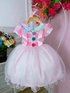 Vestido Infantil Palhacinha Rosa Com Pompons Coloridos - Gilerá Fashion
