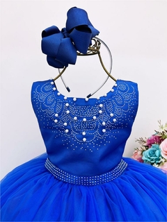 Vestido Infantil Longo Damas de Honra Azul Royal com Pérolas