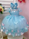 Vestido Infantil Azul Plissado com Flores Borboleta