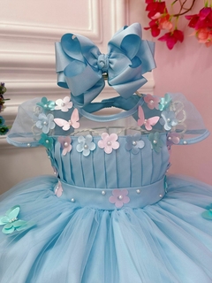 Vestido Infantil Azul Plissado com Flores Borboleta - comprar online