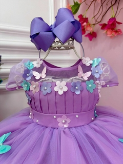 Vestido Infantil Lilás Plissado com Flores Borboleta - comprar online