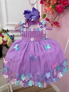 Vestido Infantil Lilás Plissado com Flores Borboleta - Gilerá Fashion