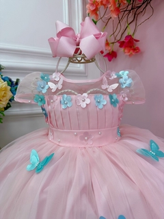 Vestido Infantil Rosa Busto Plissado Aplique Flores e Borboletas - comprar online