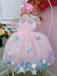 Vestido Infantil Rosa Busto Plissado Aplique Flores e Borboletas - Gilerá Fashion