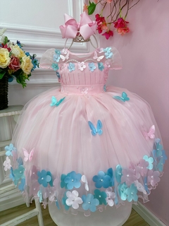 Vestido Infantil Rosa Busto Plissado Aplique Flores e Borboletas