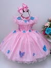 Vestido Infantil de Festa Rosa Aplique Borboletas Brilho Luxo