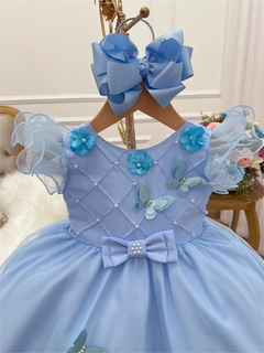 Vestido Infantil Luxo Azul com Aplique de Flores e Borboletas - loja online