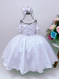 Vestido Infantil Branco com Cinto de Pérolas Strass Princesas