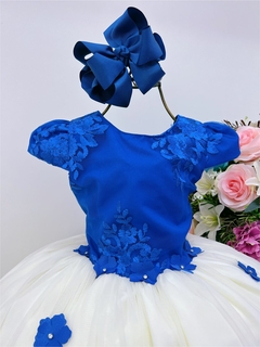 Vestido Infantil Azul Royal e Off Aplique Flores Renda Luxo - comprar online