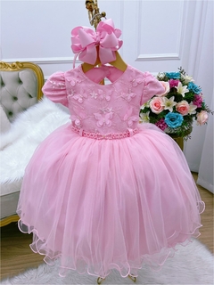 Vestido Infantil Rosa Renda com Aplique de Borboletas - Gilerá Fashion