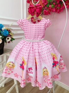 Vestido Infantil Barbie Rosa com Cinto de Pérolas e Strass - Gilerá Fashion