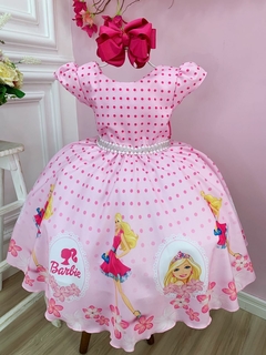 Vestido Infantil Barbie Rosa com Cinto de Pérolas e Strass