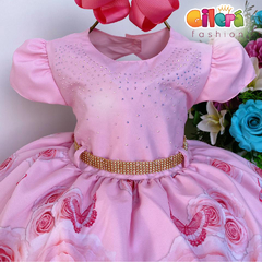 Vestido Infantil de Festa Rosa Saia Floral e Borboletas - comprar online