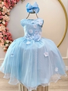 Vestido Infantil Azul Com Renda e Aplique de Flores