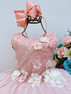 Vestido Infantil Pêssego Salmão Rendado Luxo Flores Apliques - comprar online