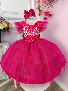 Vestido infantil Barbie Pink Babados Glitter Brilho Luxo