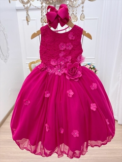 Vestido Infantil Pink Rendado Luxo Flores em Aplique - Gilerá Fashion