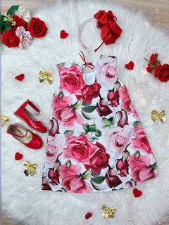 Vestido Infantil Trapézio Branco Florido de Rosas Festas - comprar online