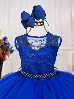 Vestido Infantil Longo Azul Royal com Renda Cinto de Pérolas - comprar online