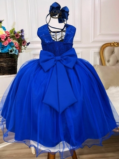 Vestido Infantil Longo Azul Royal com Renda Cinto de Pérolas na internet