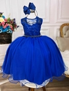 Vestido Infantil Longo Azul Royal com Renda Cinto de Pérolas