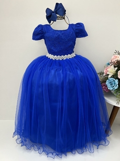 Vestido Infantil Longo Azul Royal Renda Pérolas