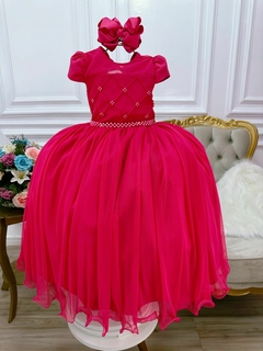 Vestido Infantil Longo Pink Busto com Pérolas