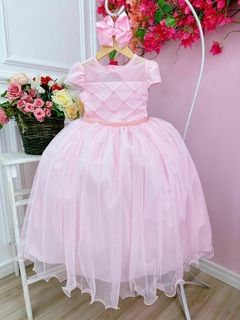 Vestido Infantil Longo Rosa Busto com Pérolas - Gilerá Fashion