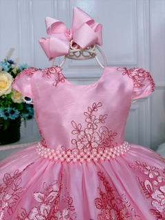 Vestido Infantil Rosa Com Renda Realeza e Cinto de Pérolas - comprar online