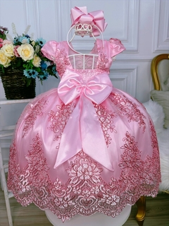 Vestido Infantil Rosa Com Renda Realeza e Cinto de Pérolas na internet