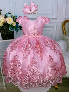 Vestido Infantil Rosa Com Renda Realeza e Cinto de Pérolas