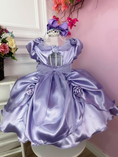 Vestido Infantil Sofia Rapunzel Lilás Aplique Flor Princesas na internet