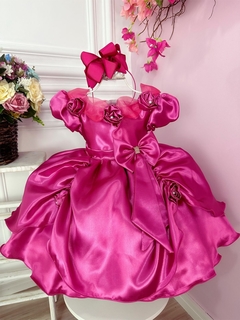 Vestido Infantil Aurora/ Barbie Pink Aplique Flor Princesas