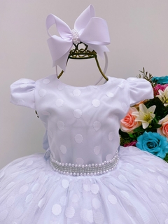 Vestido Infantil Branco Bolinhas Cinto Strass Com Pérolas Luxo - comprar online