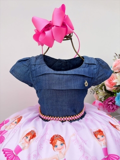 Vestido Infantil Festa Busto Jeans Saia Rosa Floral Bailarina - comprar online