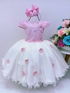 Vestido Infantil Rosa e Off Aplique Flores Renda Luxo