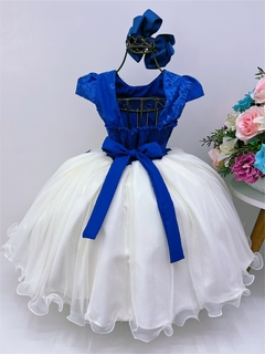 Vestido Infantil Azul Royal e Off Aplique Flores Renda Luxo na internet