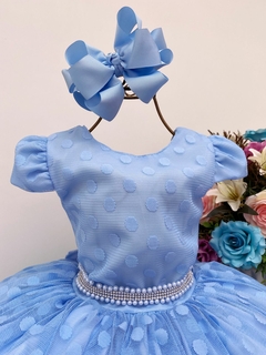 Vestido Infantil Azul Bolinhas Cinto Strass e Pérolas Luxo - comprar online