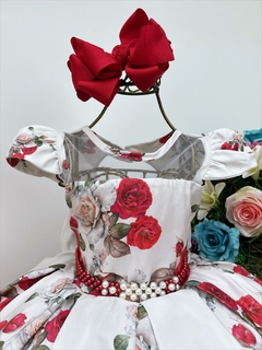 Vestido Infantil Off Floral Vermelho Cinto de Pérolas Luxo na internet