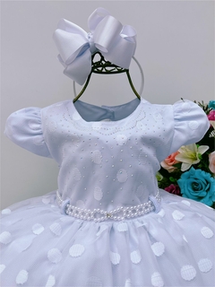 Vestido Infantil Branco Busto Com Strass e Pérolas Bolinhas na internet