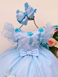 Vestido Infantil Luxo Azul com Aplique de Flores e Borboletas - comprar online