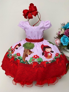 Vestido Infantil Festa Chapeuzinho Vermelho Rosa e Vermelho Cinto Pérolas