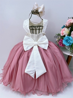Vestido Infantil Marfim Saia Rosê Aplique Flores Pérolas na internet